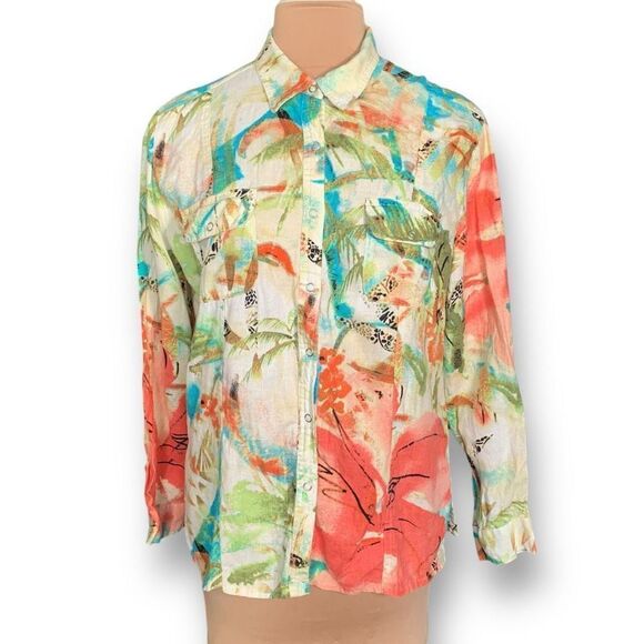 Chicos Shirt Multicolor Tropical Flower Animal Print Long Sleeve Linen Collared - Picture 2 of 11